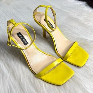 Nine West Bright Yellow Patent Leather Square Toe Ankle Strap Heels
